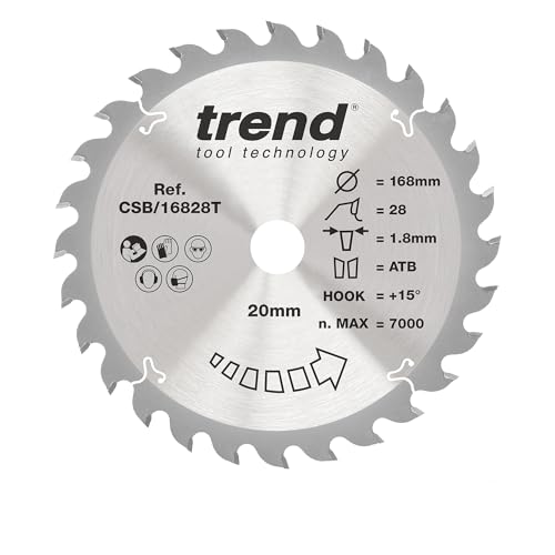 Trend Wood Akku-Kreissägeblatt, 168 mm Durchmesser, 20 mm Bohrung, 28 Zähne, 1,8 mm Schnittfuge, +15° Haken, TCT, mittlere Oberfläche, CSB/16828T von TREND