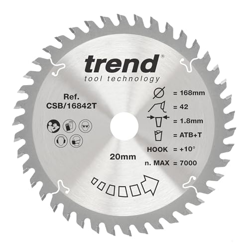 Trend Wood Akku-Kreissägeblatt, 168 mm Durchmesser, 20 mm Bohrung, 42 Zähne, 1,8 mm Schnittfuge, +10° Haken, TCT, feine Oberfläche, CSB/16842T von TREND