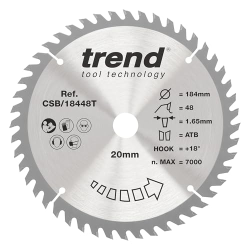 Trend Wood Akku-Kreissägeblatt, 184 mm Durchmesser, 20 mm Bohrung, 48 Zähne, 1,65 mm Schnittfuge, +18° Haken, TCT, feine Oberfläche, CSB/18448T von TREND