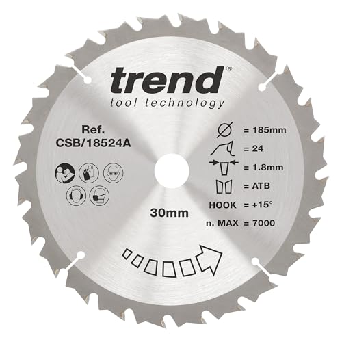 Trend Wood Akku-Kreissägeblatt, 185 mm Durchmesser, 20 mm Bohrung, 24 Zähne, 1,8 mm Schnittfuge, +15° Haken, TCT, mittlere Oberfläche, CSB/18524 von TREND