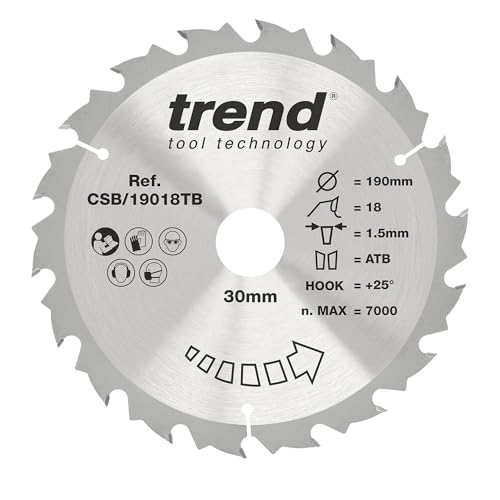 Trend Wood Akku-Kreissägeblatt, 190 mm Durchmesser, 30 mm Bohrung, 18 Zähne, 1,5 mm Schnittfuge, +25° Haken, TCT, grobe Oberfläche, CSB/19018TB von TREND