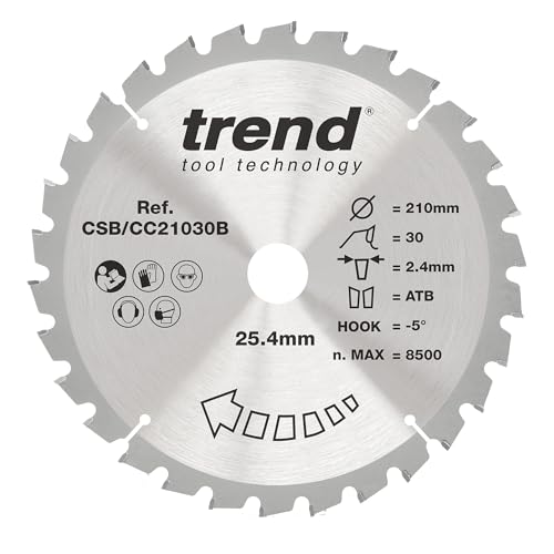 Trend Wood Gehrungssägeblatt, 210 mm Durchmesser, 25,40 mm Bohrung, 30 Zähne, 2,4 mm Schnittfuge, -5° Haken, TCT, mittlere Oberfläche, CSB/CC21030B von TREND