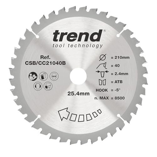 Trend Wood Gehrungssägeblatt, 210 mm Durchmesser, 25,40 mm Bohrung, 40 Zähne, 2,4 mm Schnittfuge, -5° Haken, TCT, feine Oberfläche, CSB/CC21040B von TREND