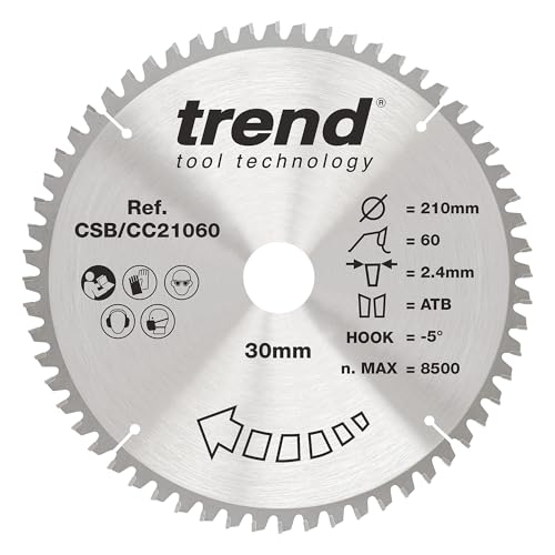 Trend Wood Gehrungssägeblatt, 210 mm Durchmesser, 30 mm Bohrung, 60 Zähne, 2,4 mm Schnittfuge, -5° Haken, TCT, extrafeine Oberfläche, CSB/CC21060 von TREND