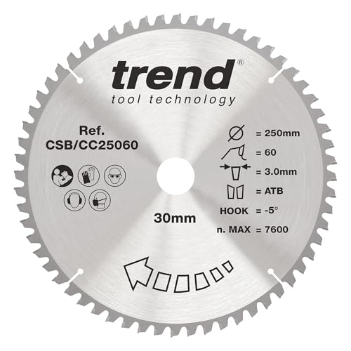 Trend Wood Gehrungssägeblatt, 250 mm Durchmesser, 30 mm Bohrung, 60 Zähne, 3 mm Schnittfuge, -5° Haken, TCT, feine Oberfläche, CSB/CC25060 von TREND