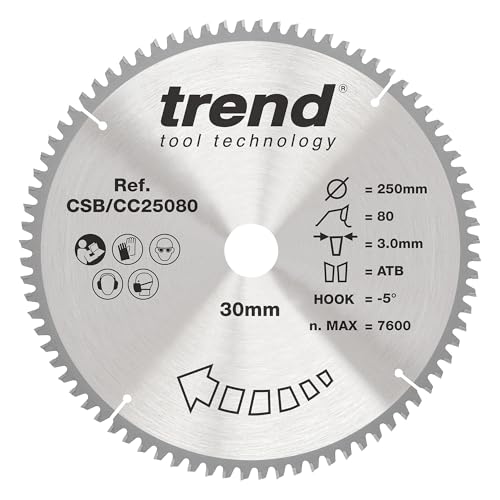 Trend Wood Gehrungssägeblatt, 250 mm Durchmesser, 30 mm Bohrung, 80 Zähne, 3 mm Schnittfuge, -5° Haken, TCT, extrafeine Oberfläche, CSB/CC25080 von TREND