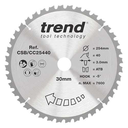 Trend Wood Gehrungssägeblatt, 254 mm Durchmesser, 30 mm Bohrung, 40 Zähne, 3 mm Schnittfuge, -5° Haken, TCT, mittlere Oberfläche, CSB/CC25440 von TREND