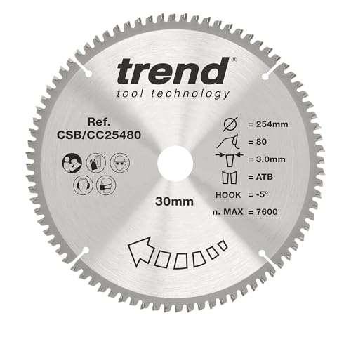 Trend Wood Gehrungssägeblatt, 254 mm Durchmesser, 30 mm Bohrung, 80 Zähne, 3 mm Schnittfuge, -5° Haken, TCT, extrafeine Oberfläche, CSB/CC25480 von TREND