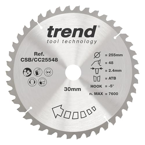 Trend Wood Gehrungssägeblatt, 255 mm Durchmesser, 30 mm Bohrung, 48 Zähne, 2,4 mm Schnittfuge, -5° Haken, TCT, mittlere Oberfläche, CSB/CC25548 von TREND