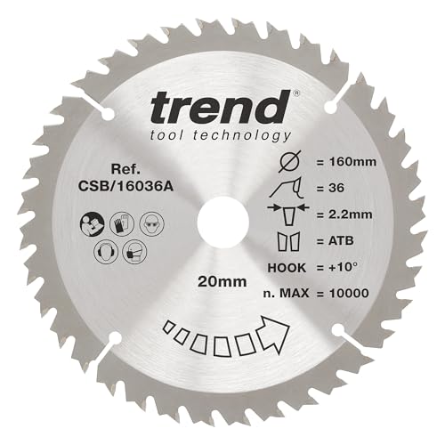 Trend Wood Kreissägeblatt, 160 mm Durchmesser, 20 mm Bohrung, 36 Zähne, 2,2 mm Schnittfuge, +10° Haken, TCT, feine Oberfläche, CSB/16036A von TREND