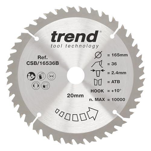 Trend Wood Kreissägeblatt, 165 mm Durchmesser, 20 mm Bohrung, 36 Zähne, 2,4 mm Schnittfuge, +10° Haken, TCT, mittlere Oberfläche, CSB/16536B von TREND