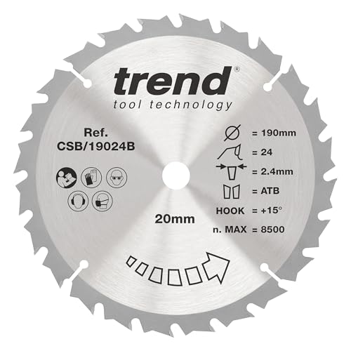 Trend Wood Kreissägeblatt, 190 mm Durchmesser, 20 mm Bohrung, 24 Zähne, 2,4 mm Schnittfuge, +15° Haken, TCT, mittlere Oberfläche, CSB/19024B von TREND