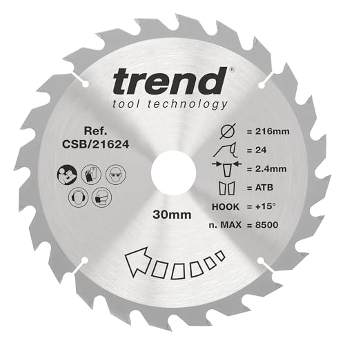 Trend Wood Kreissägeblatt, 216 mm Durchmesser, 30 mm Bohrung, 24 Zähne, 2,4 mm Schnittfuge, +15° Haken, TCT, grobe Oberfläche, CSB/21624 von TREND