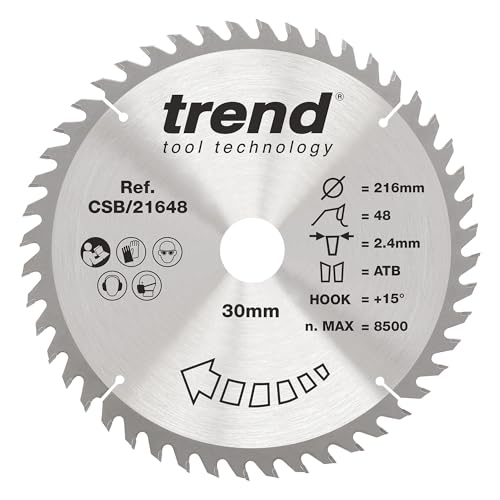 Trend Wood Kreissägeblatt, 216 mm Durchmesser, 30 mm Bohrung, 48 Zähne, 2,4 mm Schnittfuge, +15° Haken, TCT, feine Oberfläche, CSB/21648 von TREND