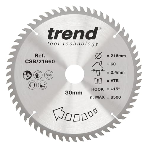 Trend Wood Kreissägeblatt, 216 mm Durchmesser, 30 mm Bohrung, 60 Zähne, 2,4 mm Schnittfuge, +15° Haken, TCT, extrafeine Oberfläche, CSB/21660 von TREND