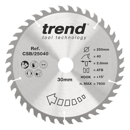 Trend Wood Kreissägeblatt, 250 mm Durchmesser, 30 mm Bohrung, 40 Zähne, 2,8 mm Schnittfuge, +15° Haken, TCT, mittlere Oberfläche, CSB/25040 von TREND