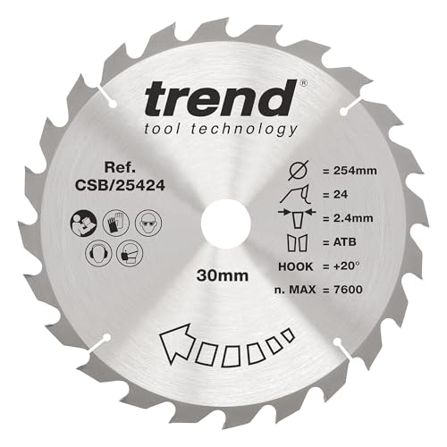 Trend Wood Kreissägeblatt, 254 mm Durchmesser, 30 mm Bohrung, 24 Zähne, 2,4 mm Schnittfuge, +20° Haken, TCT, grobe Oberfläche, CSB/25424 von TREND