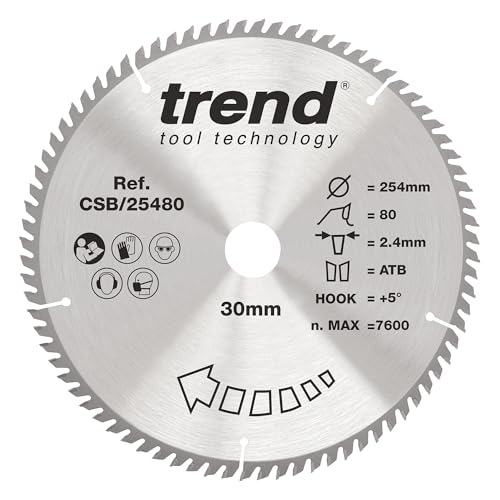 Trend Wood Kreissägeblatt, 254 mm Durchmesser, 30 mm Bohrung, 80 Zähne, 2,4 mm Schnittfuge, +5° Haken, TCT, extrafeine Oberfläche, CSB/25480 von TREND