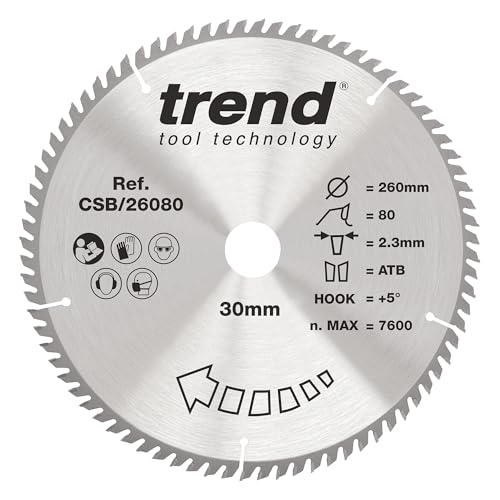 Trend Wood Kreissägeblatt, 260 mm Durchmesser, 30 mm Bohrung, 80 Zähne, 2,3 mm Schnittfuge, +5° Haken, TCT, extrafeine Oberfläche, CSB/26080 von TREND