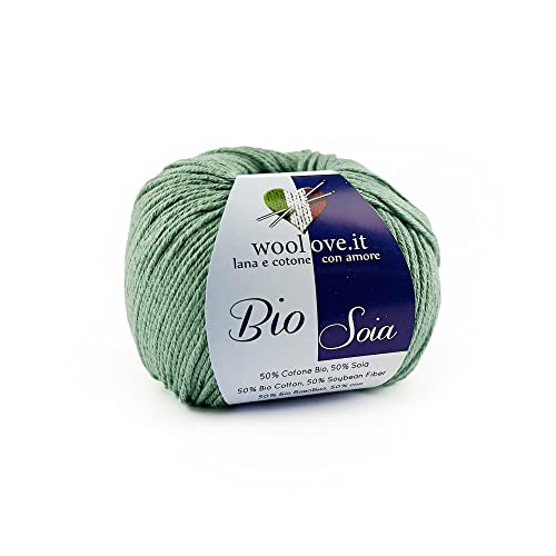 TRICOT CAFE' Woolove Bio-Soja-Garn aus Baumwolle und Soja, sehr weich, atmungsaktiv und glänzend, natürliche pflanzliche Fasern, ideal für Eisen/Häkelnadeln: 3,00/3,50 cm, Moosgrün 702, 1 Stück 50g von TRICOT CAFE'