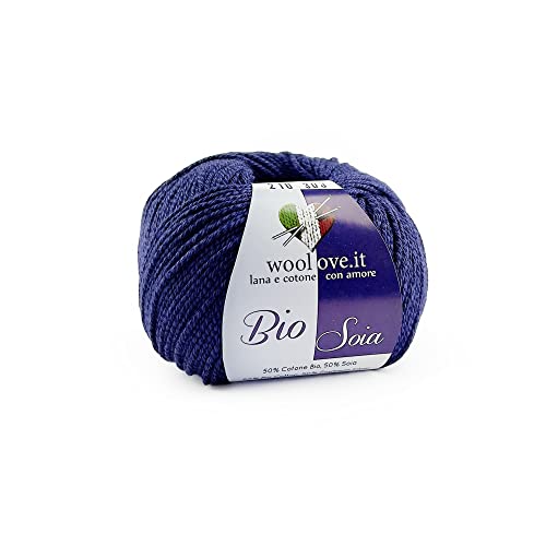 TRICOT CAFE' Woolove Bio-Soja-Garn aus Baumwolle und Soja, sehr weich, atmungsaktiv und glänzend, natürliche pflanzliche Fasern, ideal für Eisen/Häkelnadeln: 3,00/3,50 cm, Nachtblau 210, 1 Stück 50g von TRICOT CAFE'