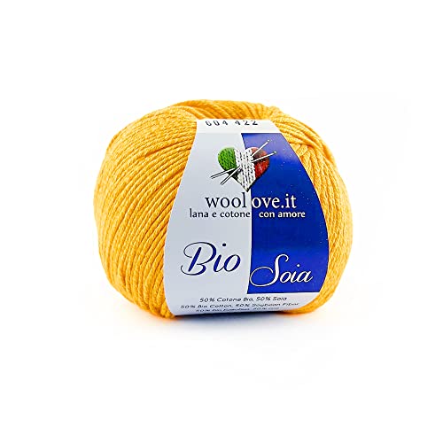 TRICOT CAFE' Woolove – Bio Soja – Garn aus Baumwolle und Soja, sehr weich, atmungsaktiv und glänzend, natürliche pflanzliche Fasern, ideal für Stricknadeln/Häkeln: 3,00/3,50 Gelb 604, 1 Stück 50 g von TRICOT CAFE'