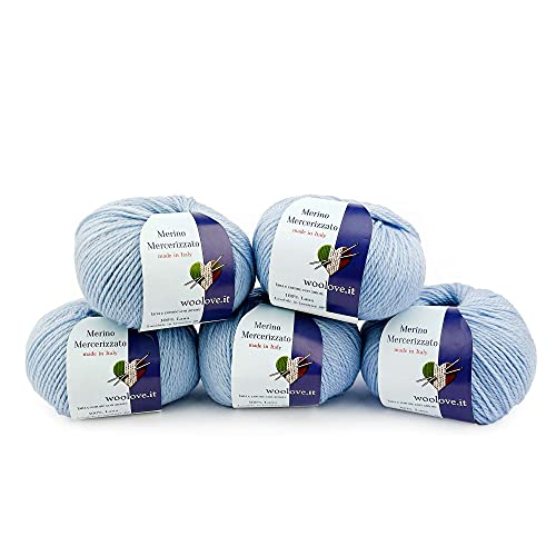 Tricot Cafè – Merzerisierte Merinowolle - Garn 100% reine Wolle Made in Italy - Wollknäuel zum Häkeln Hellblau 11 5 pcs 250 gr von TRICOT CAFE'