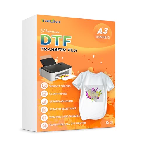 TRILINK DTF Transferfolie A3 (29,7 x 42cm)-100 Blätter Premium PET Direct to Film Druck Folie, Transferpapier für DTF Drucker-Geeignet für Baumwolle, Polyester und Textilien - Ideal für T-Shirt Druck von TRILINK