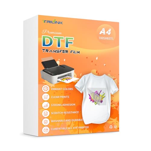 TRILINK DTF Transferfolie A4 (21 x 29,7 cm)-100 Blätter Premium PET Direct to Film Druck Folie, Transferpapier für DTF Drucker-Geeignet für Baumwolle, Polyester und Textilien - Ideal für T-Shirt Druck von TRILINK