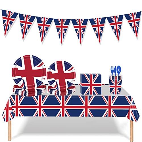 TRIXES Coronation Union Jack Geschirrset - 82-teiliges Set - Pappteller, Pappbecher, Servietten, Tischdecke und vieles mehr - perfekt für Feiern - King Charles III Krönung von TRIXES