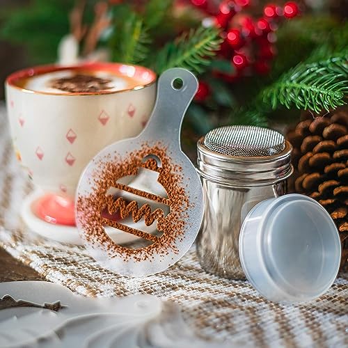 TRIXES Set mit 8 Schablonen für Heissgetränke unde einem Kakaopulverstreuer - 9-teiliges Weihnachtsschablonen-Set - Schokoladenstreuer für Cappuccino Kaffee Kakao - Verschiedene festliche Designs von TRIXES