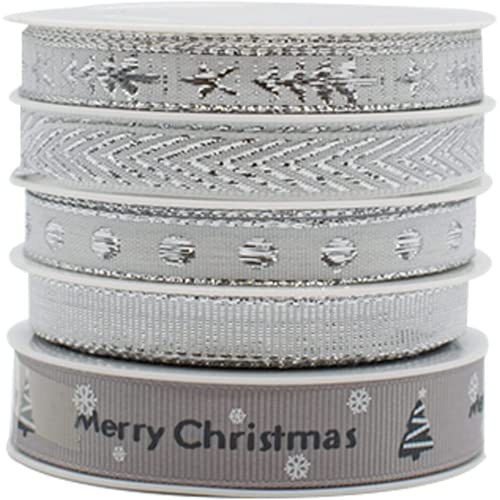 TRIXES Weihnachtsgrosgrainbänder - Polyester/Satinband mit Weihnachtsmotiv für Geschenkverpackungen, Fest- & Festdekoration, Basteln - 5 Rollen 5 m silber von TRIXES