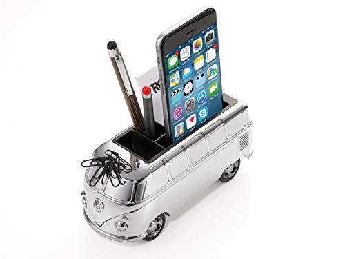 TROIKA VW Bulli — GAP06/CH (T1, Samba Bus, 1962) – Stifteköcher – Fach für Smartphones + Visitenkarten – Magnet – 5 Büroklammern – Rückziehmotor – glänzend – Official licensed product by Volkswagen von TROIKA