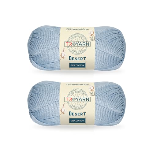 Troyarn Desert Giza-Baumwolle, 100 % merzerisiertes Giza-Baumwollgarn, Super Fino Kammgewicht, weiches Strick- und Häkelgarn (2 x 50 g) / (11074 - Hellblau), 2 Knäuel von TROYARN