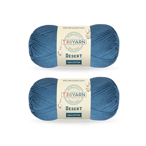 Troyarn Desert Giza-Baumwolle, 100 % merzerisiertes Giza-Baumwollgarn, Super Fino Kammgewicht, weiches Strick- und Häkelgarn (2 x 50 g) / 2 x 137 m (11079 - Denim), 2 Knäuel von TROYARN