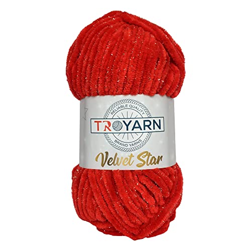 Troyarn Velvet Star, Silbrig Glitzer Chenille Baby Deckengarn Amigurumi Garn zum Häkeln und Stricken Super Bulky 100gr (120yds) Länge: 110m (10408 - Rot, 1 Knäuel) von TROYARN