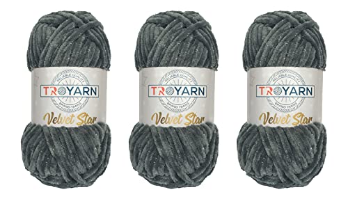 Troyarn Velvet Star (3 Knäuel Packung) Silbrig Glitzer Chenille Baby Deckengarn Amigurumi Garn zum Häkeln und Stricken Super Bulky 3 x 100 gr (3 x 120 Yd) (10430 – Smoke) von TROYARN