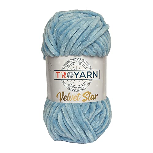 Troyarn Velvet Star Silvery Glitter Chenille Baby Deckengarn Amigurumi Garn zum Häkeln und Stricken Super Bulky 100 gr (120 Yds) (10411 - Hellblau) von TROYARN