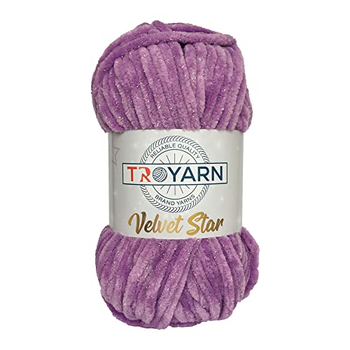 Troyarn Velvet Star Silvery Glitter Chenille Baby Deckengarn Amigurumi Garn zum Häkeln und Stricken Super Bulky 100 gr (120 Yds) (10415 - Lila) von TROYARN