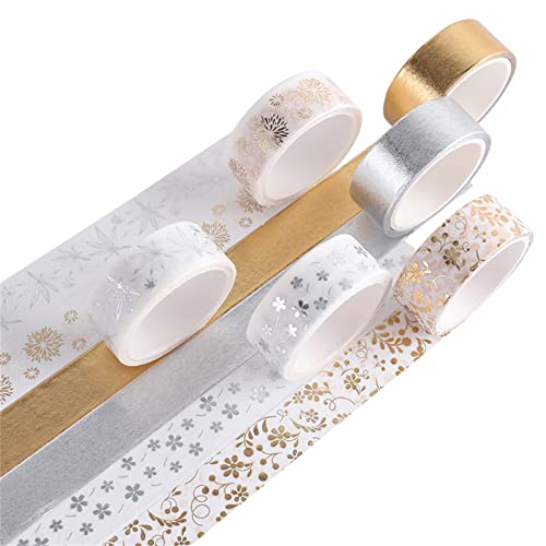 TROYSINC 6 Rollen Washi Tape Set, Gold Silber Klebeband, Blumen Dekorative Masking Tape, Klebebänder für DIY Craft Scrapbooking Geschenkpapier 15mmx2m von TROYSINC