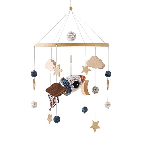 TROYSINC Babybett Mobile Baby Windspiel, Holz Mobile Baby Kinderzimmer Hängende Bettglocke, Geschenk für Baby Mädchen oder Jungen, Rassel Spielzeug (Rakete) von TROYSINC