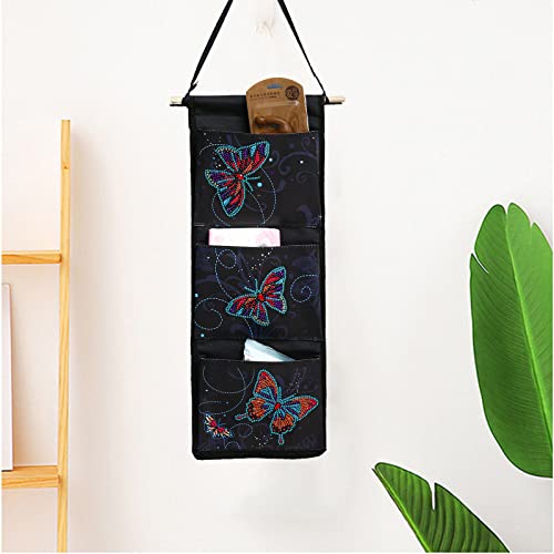 TROYSINC Diamond Painting Hängeorganizer, Baumwolle Schmetterling Hängeregal Wand mit 3 Taschen, Multifunktionale Aufbewahrungstasche für Schlafzimmer Waschraum oder Flur, 20x50 cm (A) von TROYSINC