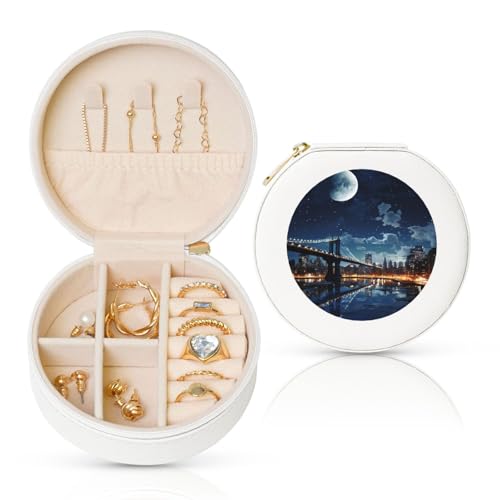 TRSGKSQP Schmuckschatulle für Damen und Mädchen, Leder, Reise-Schmuckkästchen, Mondlicht, New York City, tragbare Schmuck-Organizer-Box mit Reißverschluss für Ohrringe, Armbänder, Ringe TRSGKSQP Schmuckschatulle für Damen und Mädchen, Leder, Reise-Schmuckkästchen, Mondlicht, New York City, tragbare Schmuck-Organizer-Box mit Reißverschluss für Ohrringe, Armbänder, Ringe von TRSGKSQP