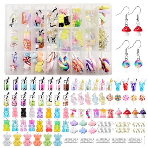 TRUBUY Charms Anhänger Set, 100 Stück Resin Bubble Tea Pilz Bär Basteln mit 151PCS Heimwerker Zubehör für Ohrringe Armbänder Halsketten Schlüsselanhänger und Schmuckherstellung von TRUBUY