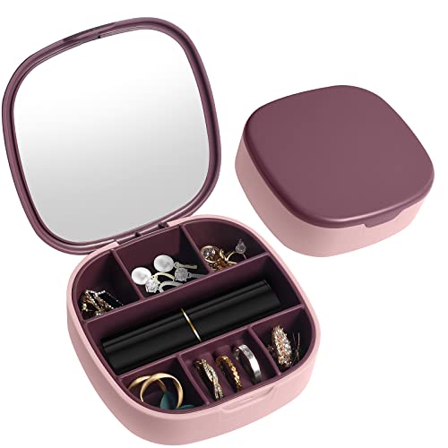 Schmuckkästchen Klein, Schmuckaufbewahrung Reise, Mini Travel Jewellery Box, Tragbare Schmuckschatulle mit Spiegel, Schmuckbox Damen Reisen aus Kunststoff für Ringe Ohrringe Halskette Lippenstift von TRUEIN