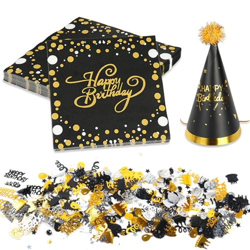 TRUEIN 40 Stück Servietten Schwarz Gold, Happy Birthday Servietten mit 15g Konfetti Geburtstag und Partyhütchen, Geburtstag Servietten, Mädchen Junge Geburtstagsservietten für Geburtstagsfeier, Partys von TRUEIN