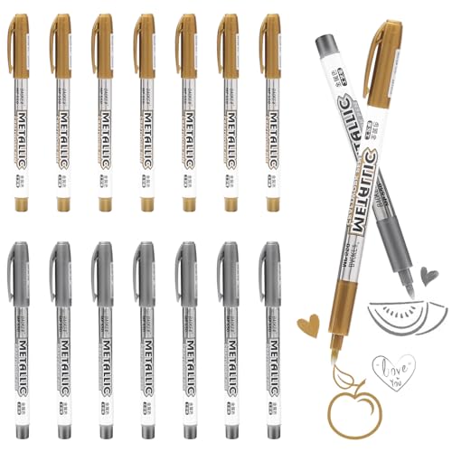 TRUEIN Pack of 16 Gold Silber Marker Stifte Set, 14cm/5.5in Permanent Marker, Goldener Silber Stift, Goldstift für Papier, Glänzende Highlight Marker Stifte für Kartenherstellung Malerei Album von TRUEIN