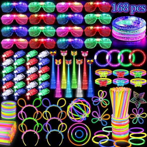 Partyzubehör für Kinder und Erwachsene, leuchtet im Dunkeln, mit 16 leuchtenden Gläsern, Fingerlichtern, 100 Leuchtstäben, Party-Paket, selbstleuchtende Halsketten, Armbänder, Neon-Partyzubehör, 168 von TSDATOWR