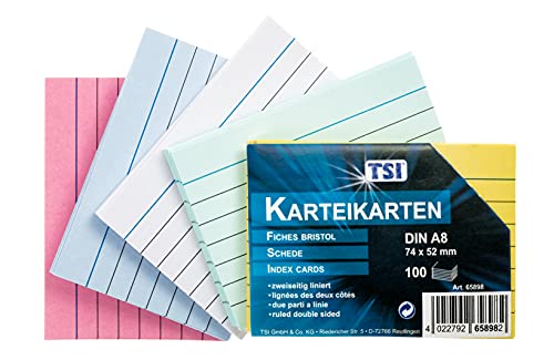 TSI Karteikarten bunt sortiert, 100er Packung, liniert, Größe: DIN A8 (74 x 52 mm), Art. Nr. 65898 von TSI