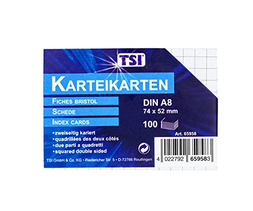 TSI 65958 Karteikarten DIN A8 (74 x 52 mm), 100er Packung, beidseitig kariert, Farbe weiß von TSI